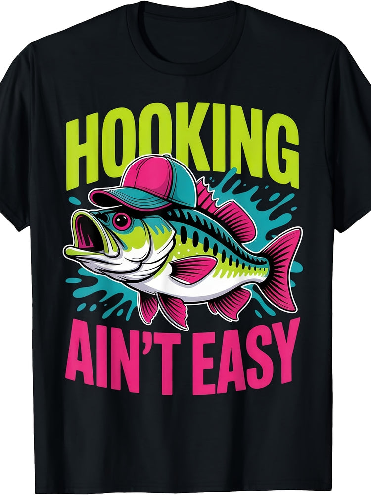 Men's And Women's T-Shirt, Retro Cartoon Style, Hooking Ain't Easy Fishing Fish Graphic, Summer Outdoor Fishing Activity
