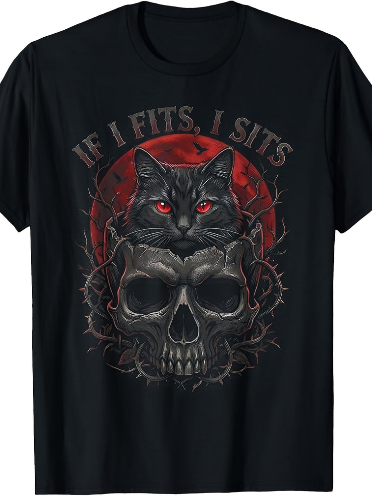 Men's And Women's T-Shirt, Gothic Black Cat Skull Design, Halloween Party Casual Wear