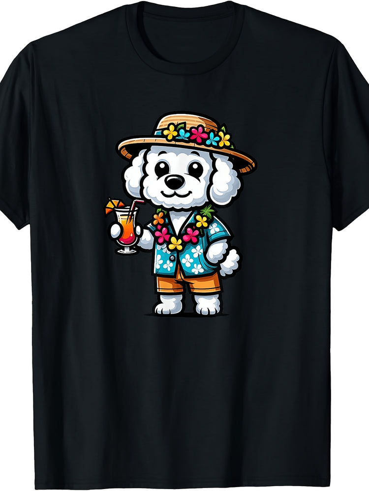 Cute Cartoon Style, Men's And Women's T-Shirt, Tropical Poodle Dog with Hawaiian Shirt And Cocktail, Summer Beach Vacation
