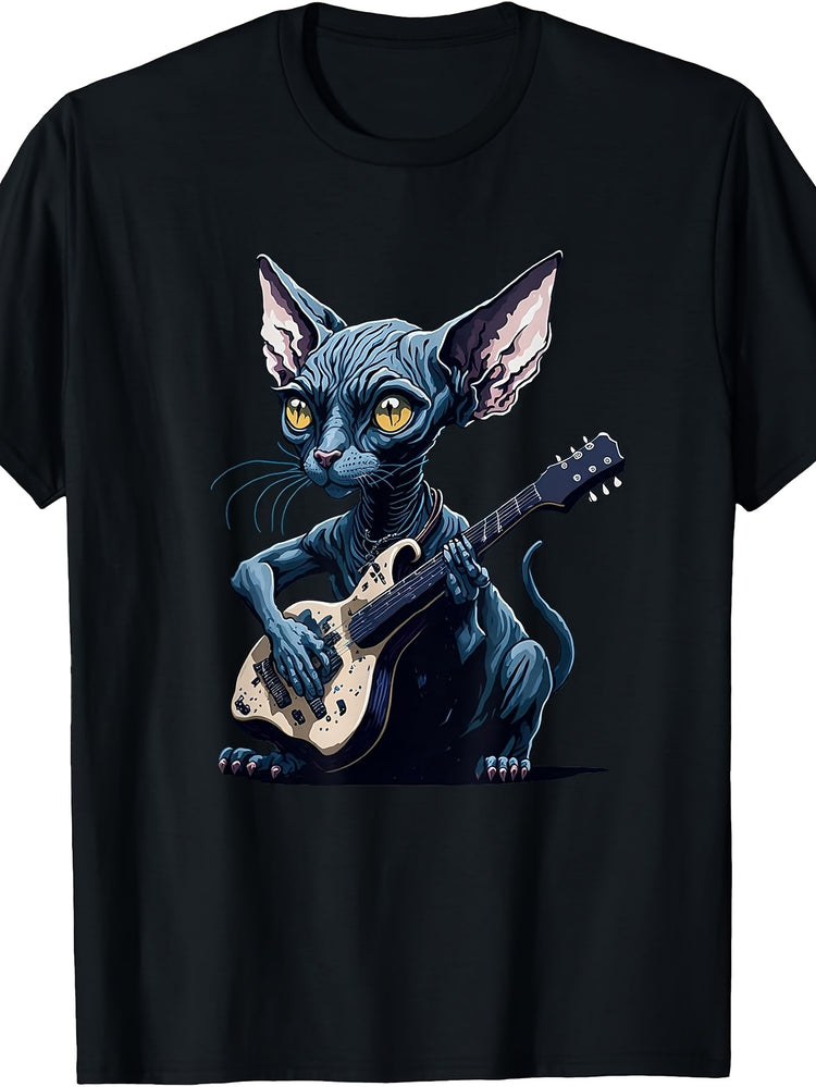 Men's And Women's T-Shirt, Funny Sphynx Cat Playing Guitar Design, Casual Daily Wear Summer