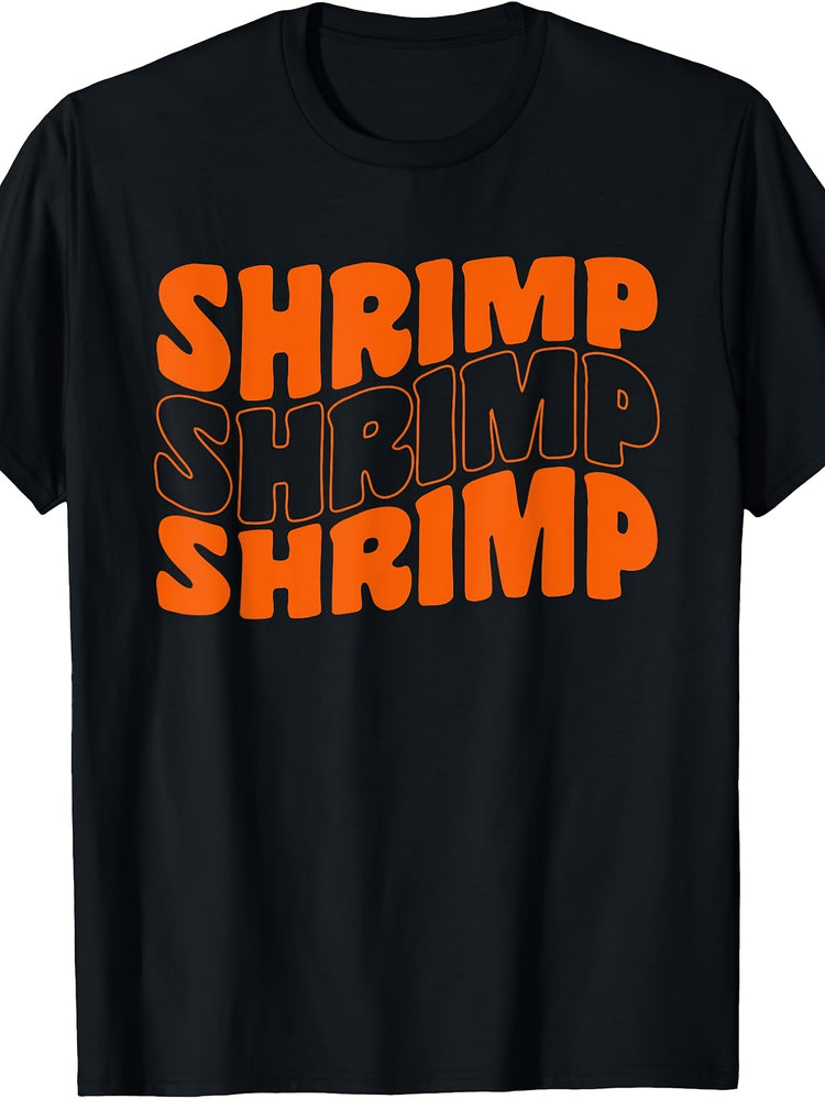 Men's & Women's Retro Shrimp Print T-Shirt - Shrimp Text Design, Round Neck Casual Summer Wear, Machine Washable Suitable for, Unisex Tee with Shrimp Graphic