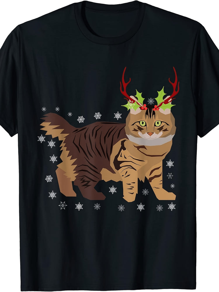 Men's & Women's Retro Christmas Cat T-Shirt with Reindeer Antlers & Snowflakes - Funny Holiday Gift Suitable for Winter Season, Casual Round Neck Tee, Machine Washable for -Season Wear