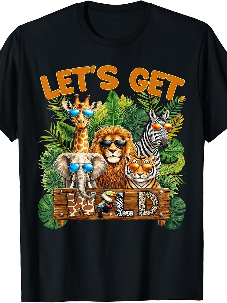 Men's & Women's Retro Safari T-Shirt - Let's Get Wild Zoo Animal Print with, Elephant, Giraffe, - Machine Washable Round Neck Tee Suitable for Birthday Parties, Zoo Outings, Casual Wear - Wildlife Apparel