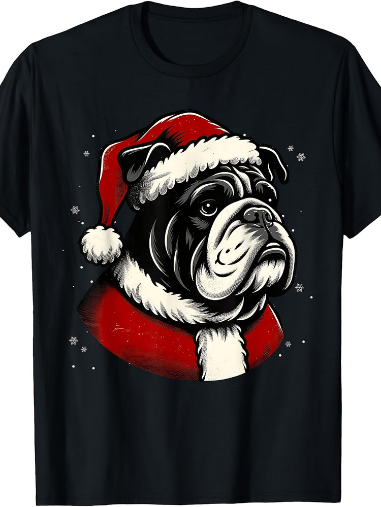 Men's & Women's Retro Christmas Bulldog T-Shirt - Unisex Round Neck Tee with Santa Hat & Scarf Snowflake, Machine Washable Suitable for Holiday Gifts, Casual Wear, Year-Round
