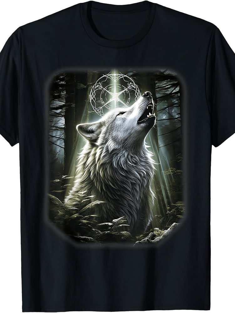 Mystical Forest Wolf Howling at Magic Symbol, Men'S And Women'S T-Shirt, Fantasy Animal Art Design, Casual Wear Summer Spring