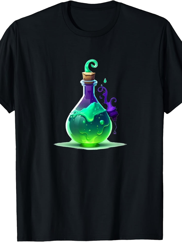 Fantasy Style, Men'S And Women'S T-Shirt, Glowing Magic Potion Bottle with Green And Purple Liquid, Halloween Costume Party Or Gaming Season