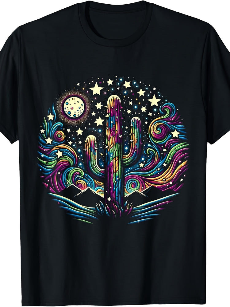 Psychedelic Starry Night Cactus Tee - Cosmic Desert Sky T-Shirt