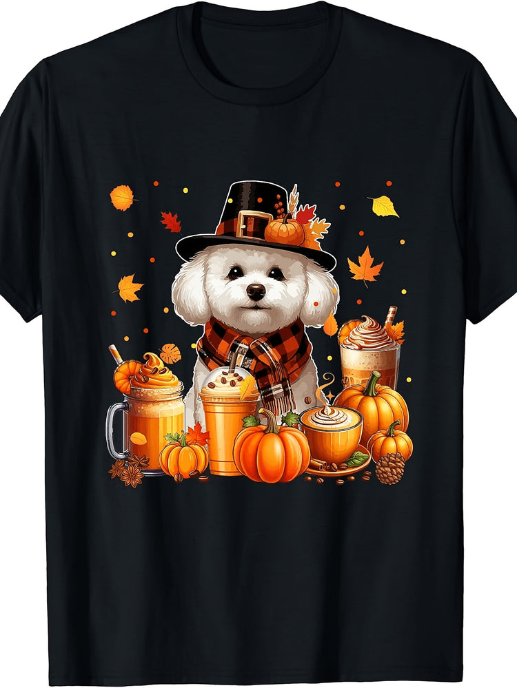 Cute, Men's And Women's T-Shirt, Bichon Frise Dog In Pilgrim Hat with Pumpkin Spice Latte And Autumn Leaves, Fall Thanksgiving Season