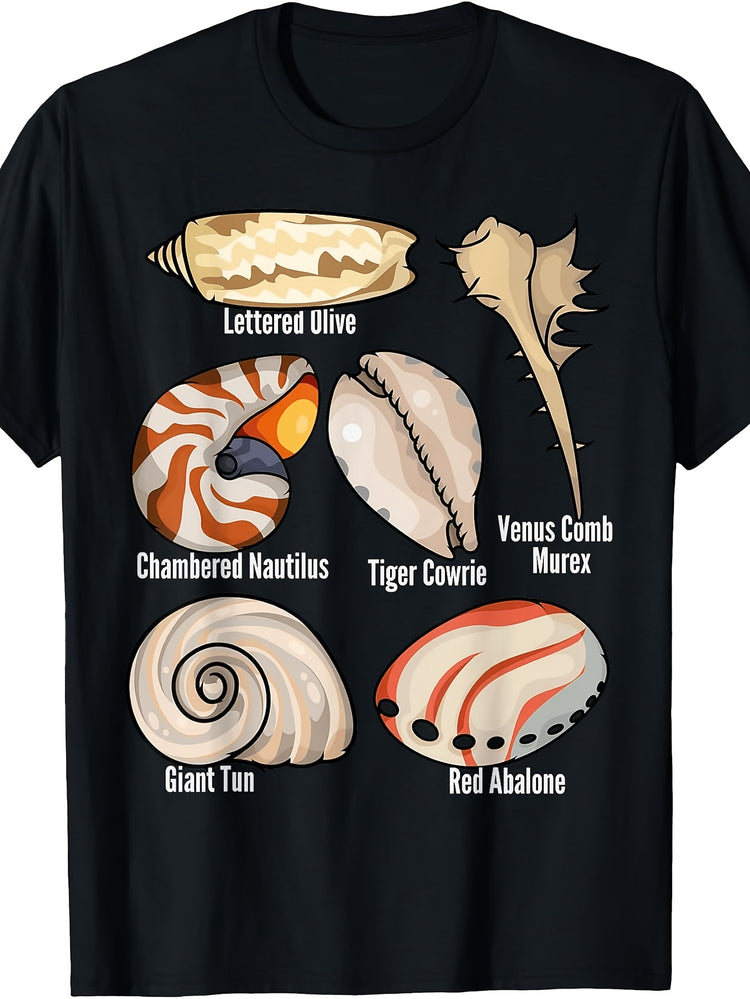 Vintage Style, Men's And Women's T-Shirt, Seashell Identification Chart with Lettered Olive Chambered Nautilus Tiger Cowrie Venus Comb Murex Giant Tun Red Abalone, Summer Beach Vacation Ocean Lov