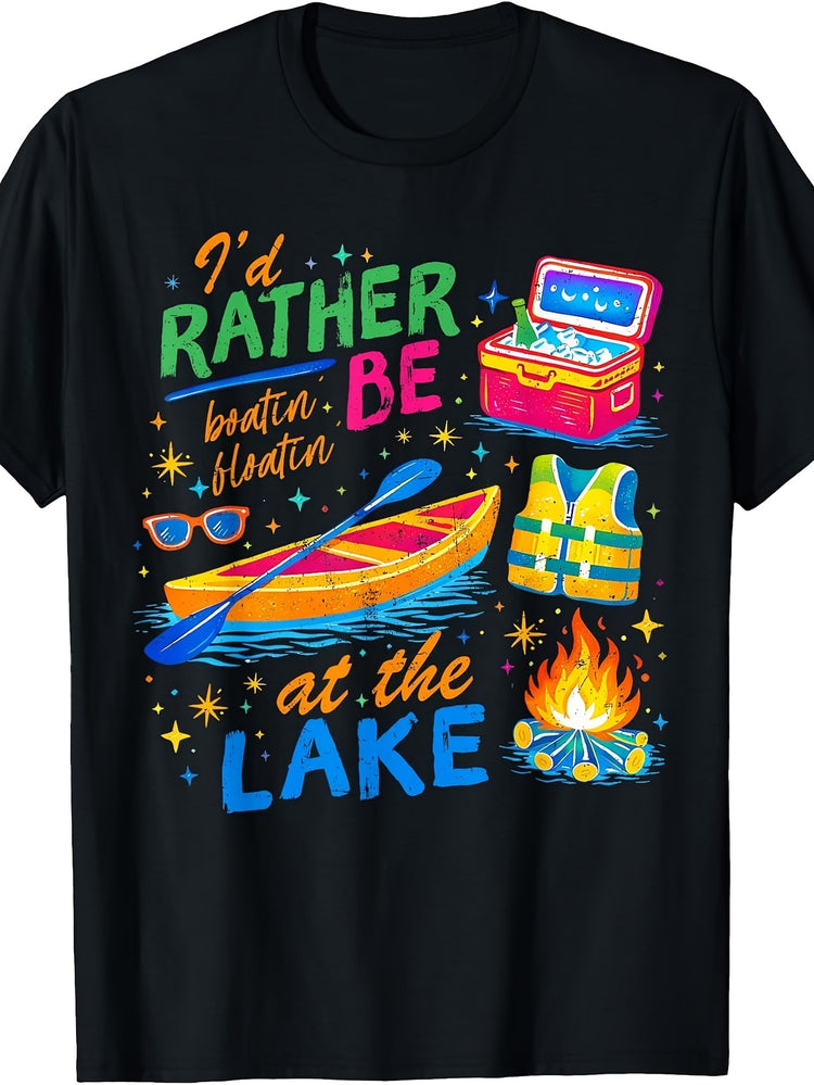 Men'S And Women'S T-Shirt, Retro Vintage Style, I'D Rather Be Boating Floating at The Lake with Canoe Cooler Life Jacket Campfire Graphic, Summer Outdoor Camping Fishing Vacation