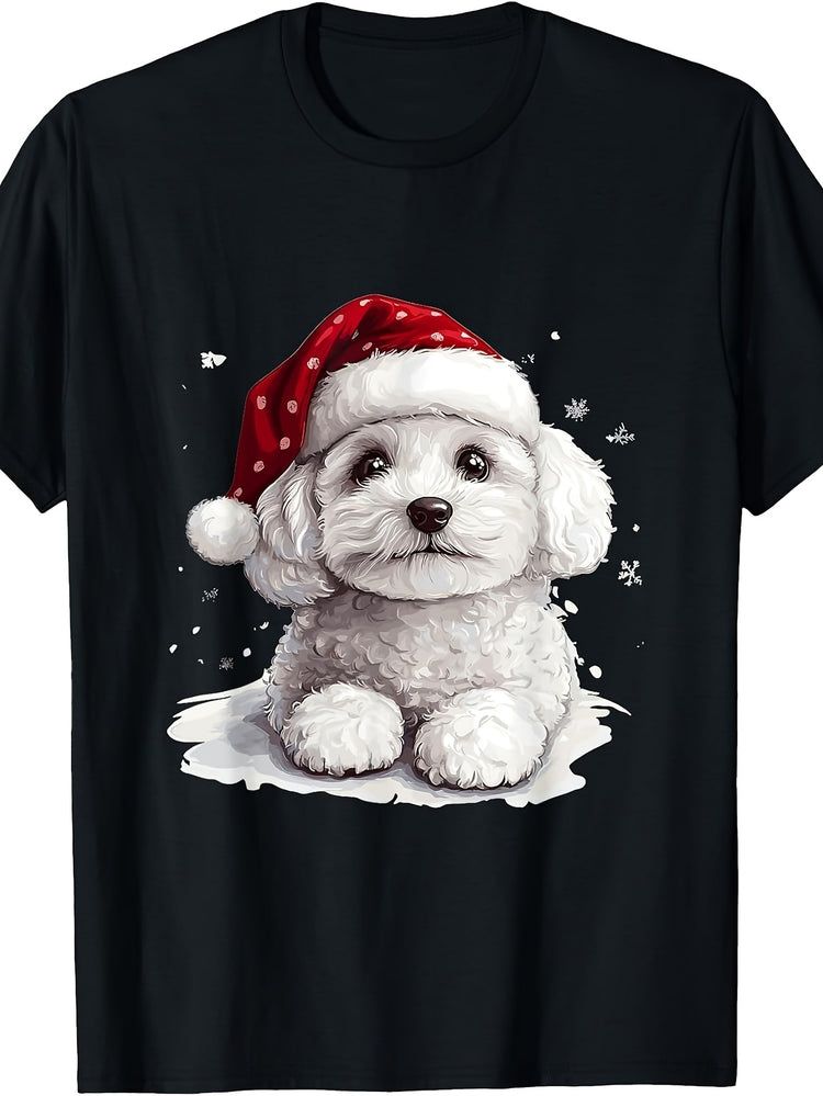 Men's & Women's Retro Christmas T-Shirt - White Fluffy Puppy in Red Santa Hat with Snowflakes, Round Neck Regular Fit Suitable for Holiday Parties, Winter Gifts, Machine Washable Apparel
